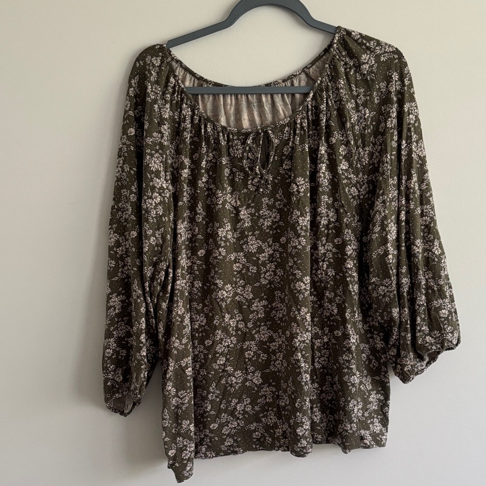 Garnet Hill Top Womens XL Olive Floral Blouse Boho Mature Romantic Fairy